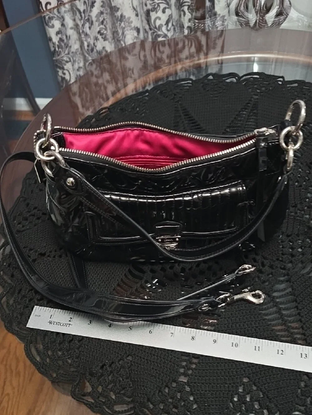 Coach Black Patent Shoulder Bag with Silver-Tone Hardware W/ Hot Pink Interior
